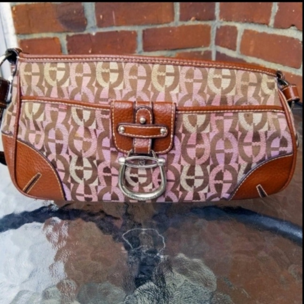 Etienne Aigner Pink Brown Logo Jacquard Leather Trim Shoulder Bag Baguette